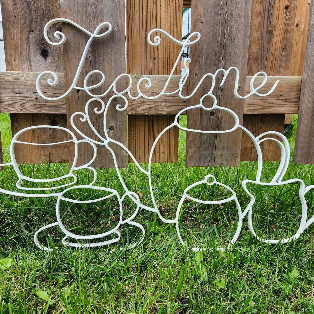 VINTAGE WROUGHT IRON "Tea Time" Sign Large White Paint Tea Party Whimsical